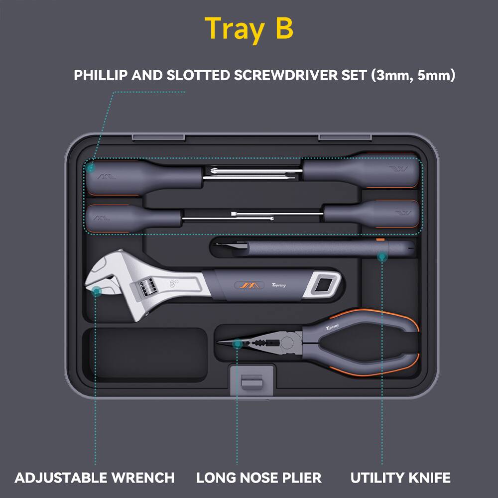 Tray B

PHILLIP AND SLOTTED SCREWDRIVER SET (3mm, 5mm)

ADJUSTABLE WRENCH

LONG NOSE PLIER

UTILITY KNIFE