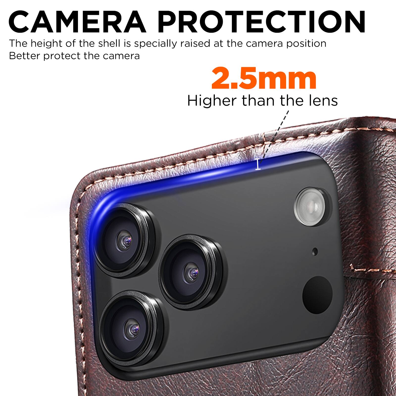 CAMERA PROTECTION  
The height of the shell is specially raised at the camera position  
Better protect the camera  

2.5mm  
Higher than the lens