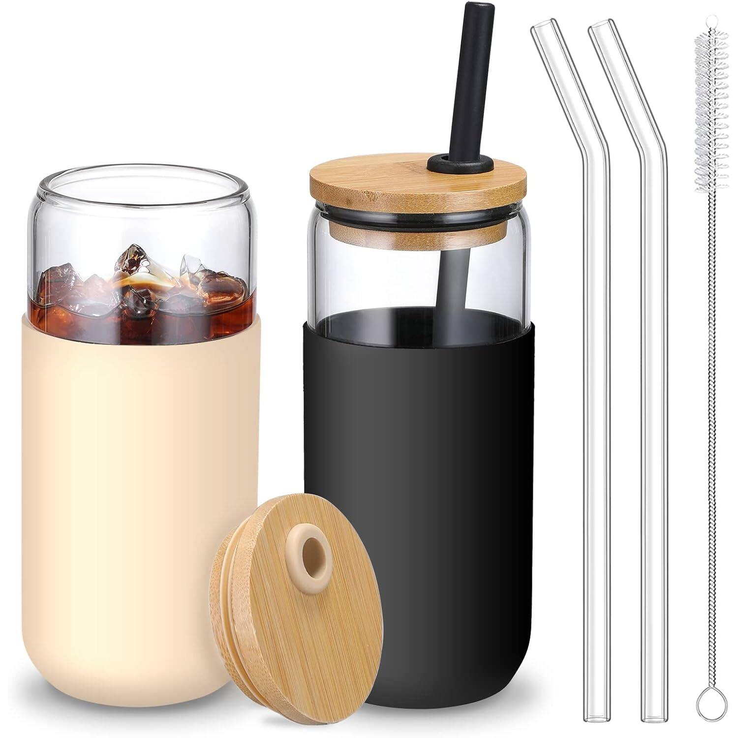 PARKER SLATER - 20oz glass cups with bamboo lids, straws, and silicone sleeves, set for iced coffee, smoothies, boba, or water - Amber Black
