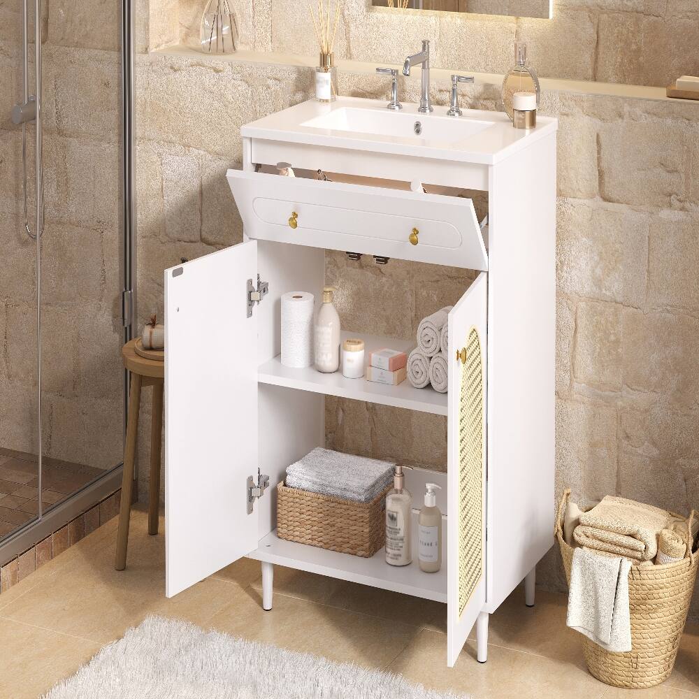 Alt View 8. Loheer - Loheer 30 inch bathroom vanity with sink White Rattan Solid Wood Cabinet - White.
