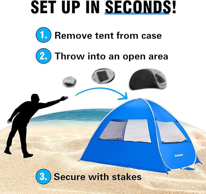 SET UP IN SECONDS!

1. Remove tent from case
2. Throw into an open area
3. Secure with stakes