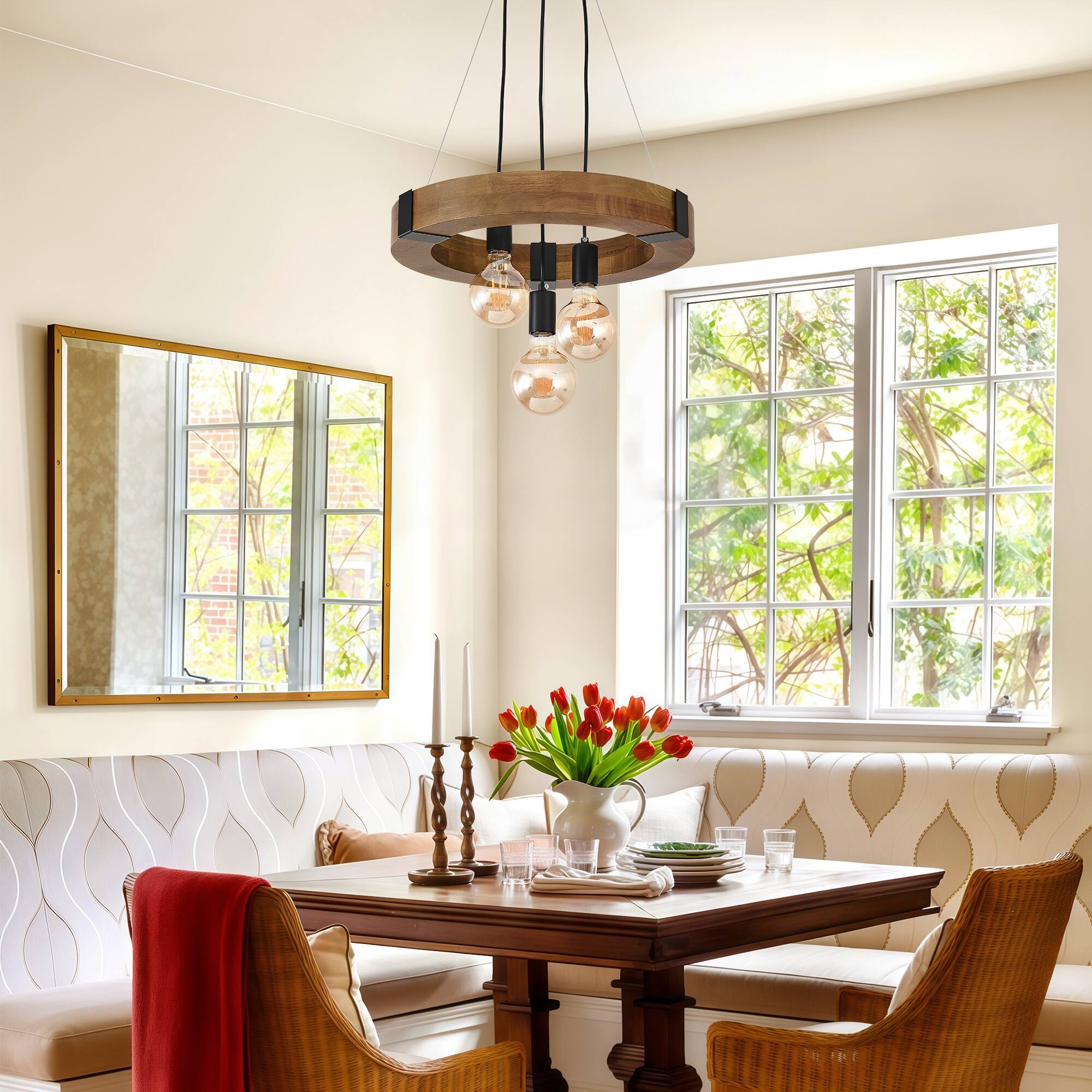 Alt View 1. RYHNUYNE - 3-Light Farmhouse Wooden Chandelier 17.72in Circular Pendant with Adjustable Height Rustic Natural Wood Ceiling Light.