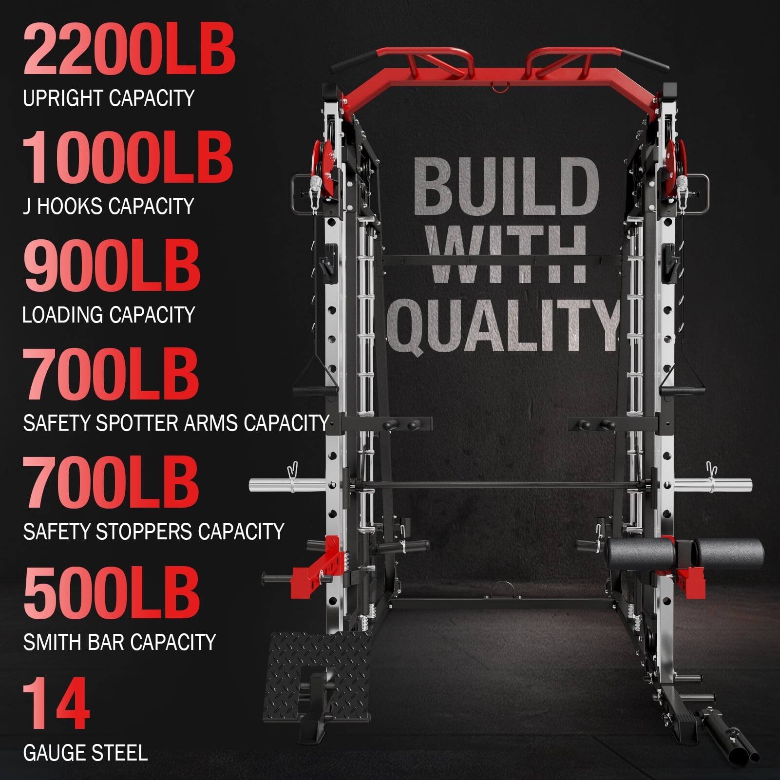 2200LB UPRIGHT CAPACITY  
1000LB J HOOKS CAPACITY  
900LB LOADING CAPACITY  
700LB SAFETY SPOTTER ARMS CAPACITY  
700LB SAFETY STOPPERS CAPACITY  
500LB SMITH BAR CAPACITY  
14 GAUGE STEEL