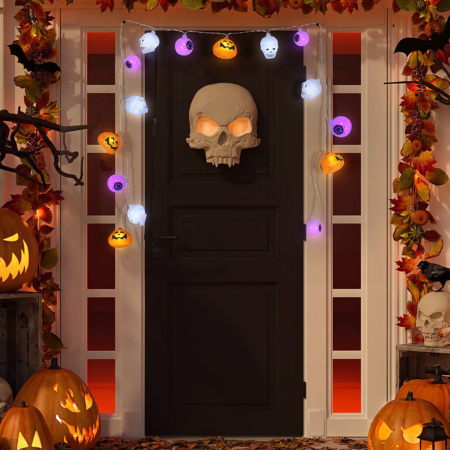 Alt View 2. Oumilen - Halloween String Lights, 2M 10-LED Battery Operated Decorative Lights Pumpkin Skull Eyeball Warm White Purple Party - Multicolor.