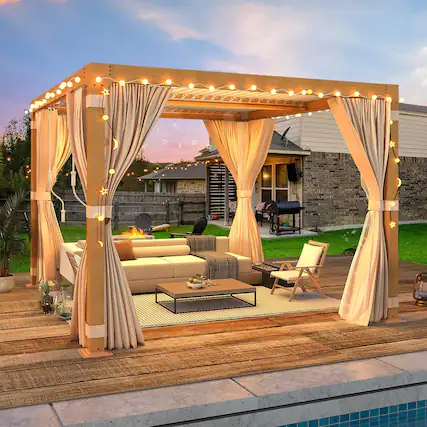 Front. U-HOMY - Wood Grain Aluminum Louvered Pergola Gazebo with Adjustable Rainproof Roof, Curtains & Netting - 10'x10'.