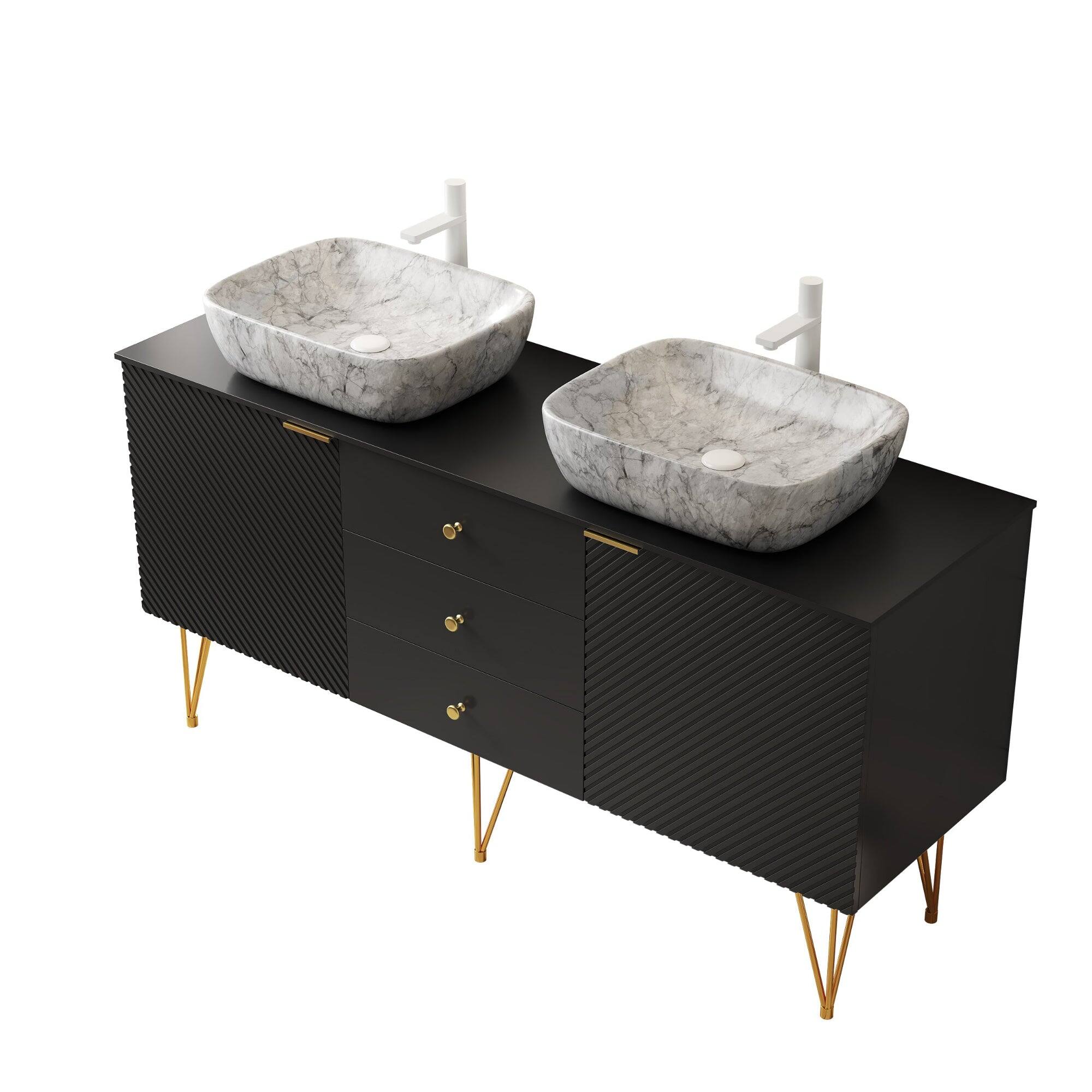 Alt View 4. Boyel Living - 60 Bathroom Vanity with 3 Drawers 2 Doors 2 White Marble Pattern Ceramic Vessel Basins Sintered Stone Black - Black,Stone Gray.