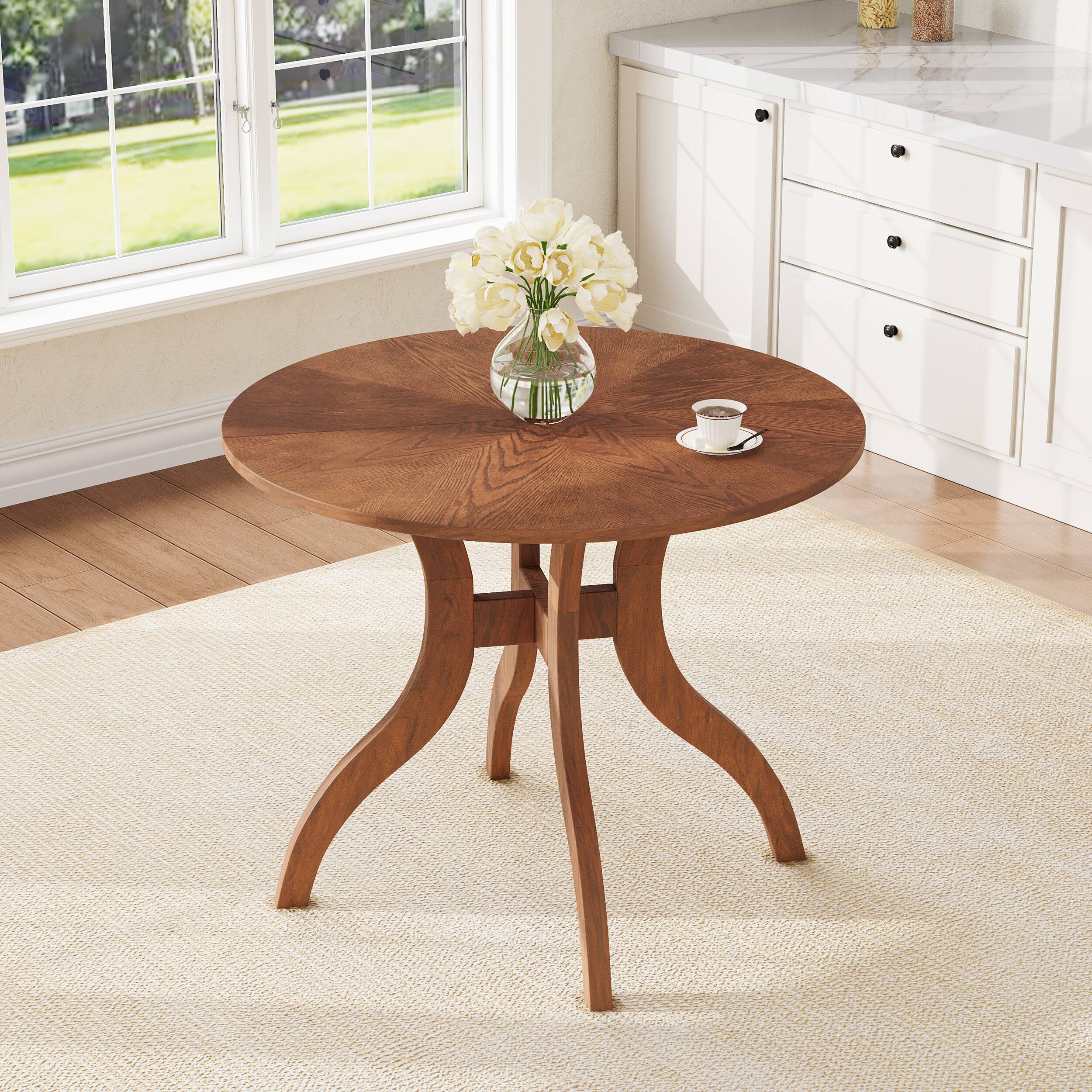 Back. TinyHomie - Dining Table Set 39.4in Round Table 2 Chairs Traditional Solid Wood Kitchen Set with Inlaid Tabletop Elegant Curved Legs - White and Walnut.