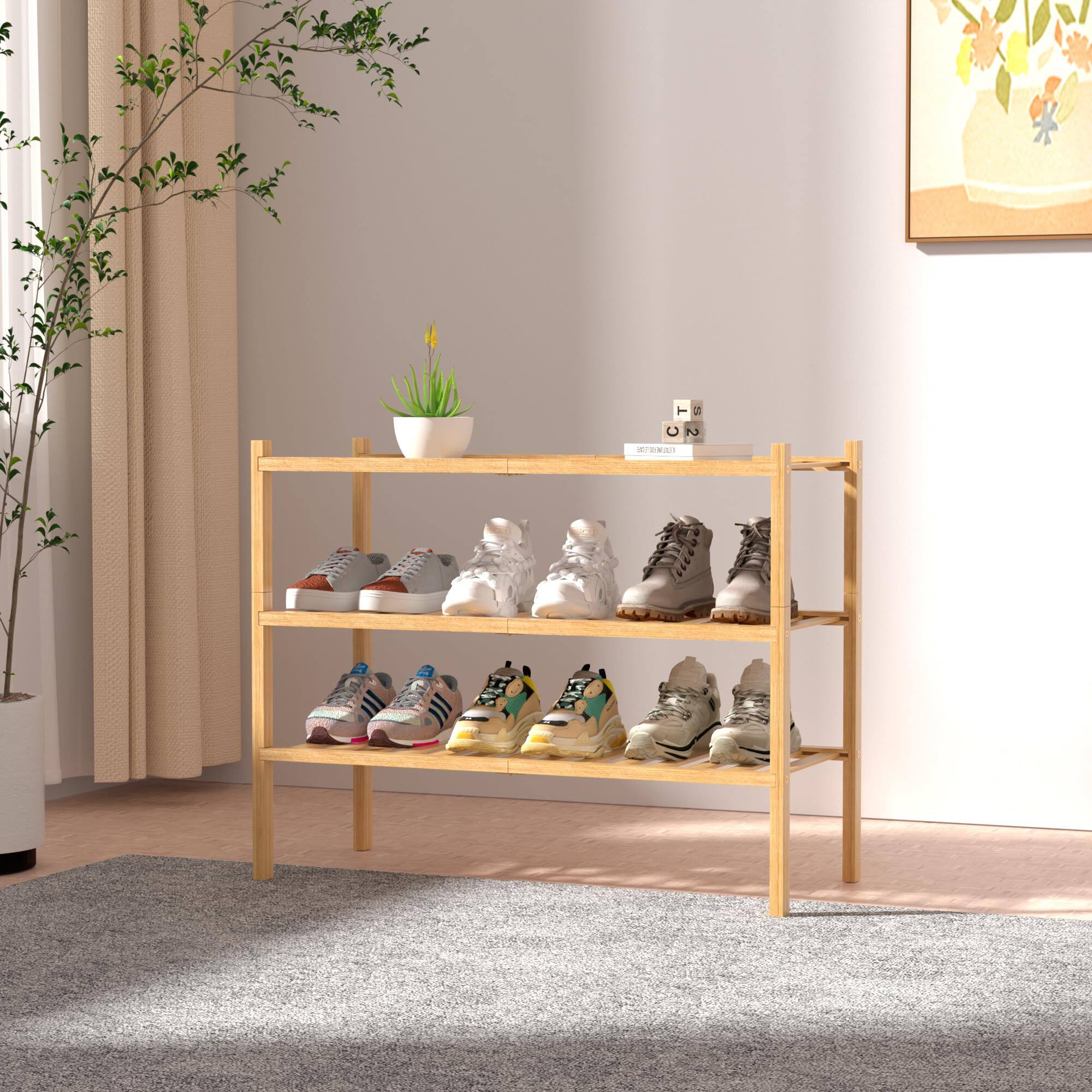 Alt View 1. Hanke - Shoe Rack For Closet Free Standing Wood Shelf Storage Organizer Entryway Space Stackable 27 x11 x20   natural - White 2 Tier.