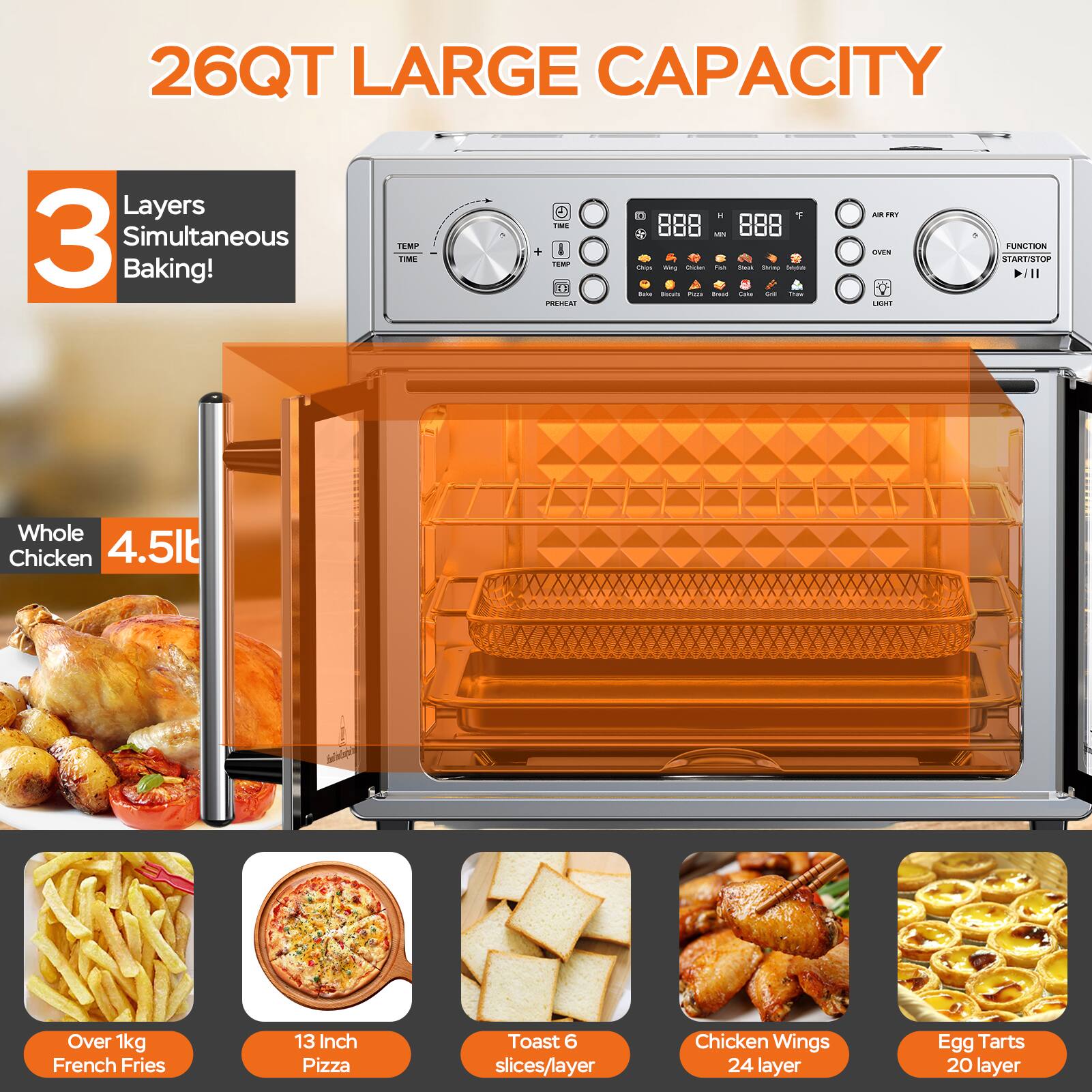 26QT LARGE CAPACITY

3 Layers Simultaneous Baking!

Whole Chicken 4.5lb

Over 1kg French Fries

13 Inch Pizza

Toast 6 slices/layer

Chicken Wings 24 layer

Egg Tarts 20 layer
