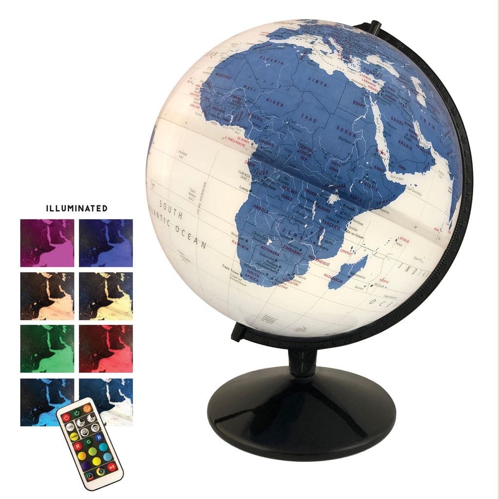 Replogle - 12" Kristian Color Changing Globe, Durable Metal Stand, HD Map, LED Light, Educational with Remote App - White Ocean Political Globe
