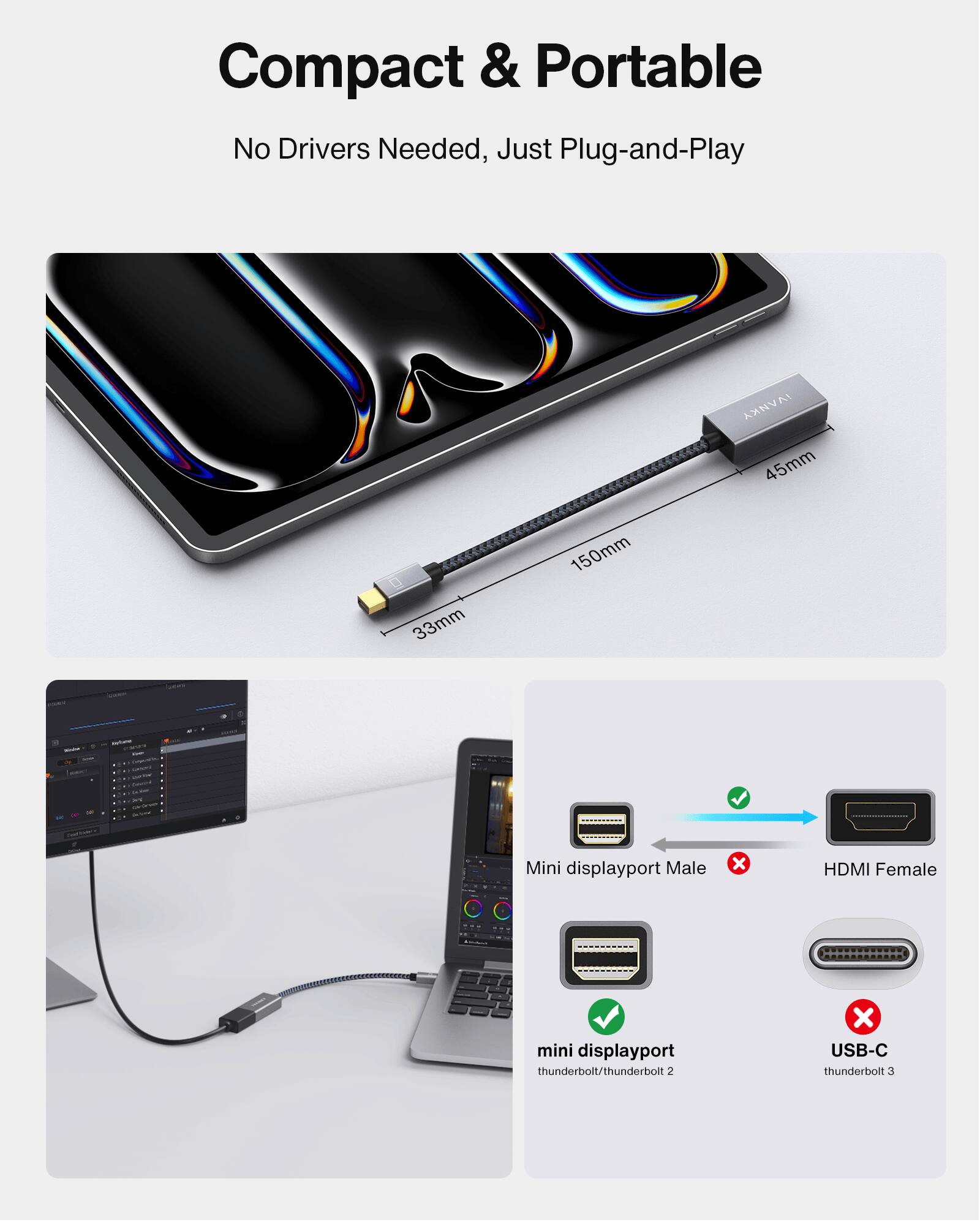 iVANKY 4K@30Hz Mini DisplayPort to HDMI Adapter DP to HDMI Adapter