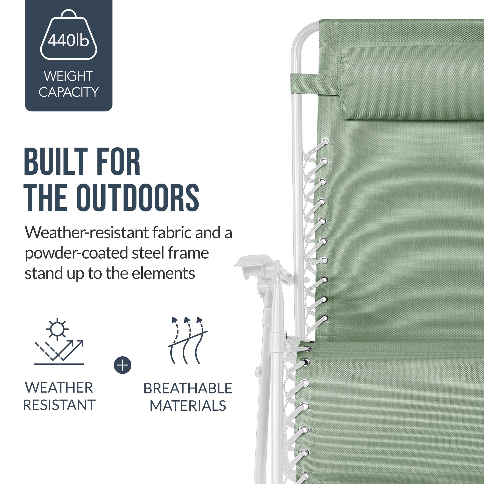 440lb WEIGHT CAPACITY  
BUILT FOR THE OUTDOORS  
Weather-resistant fabric and a powder-coated steel frame stand up to the elements  
WEATHER RESISTANT + BREATHABLE MATERIALS