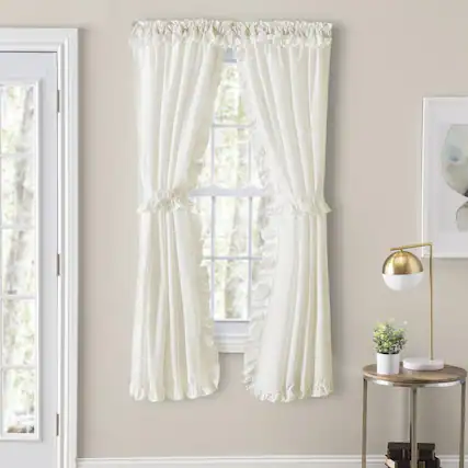 Front. Ellis Curtain - Ellis Home Classic Narrow Ruffle 2-Piece Natural Color Rod Pocket Curtain Panel 80" X 30" - Ivory.