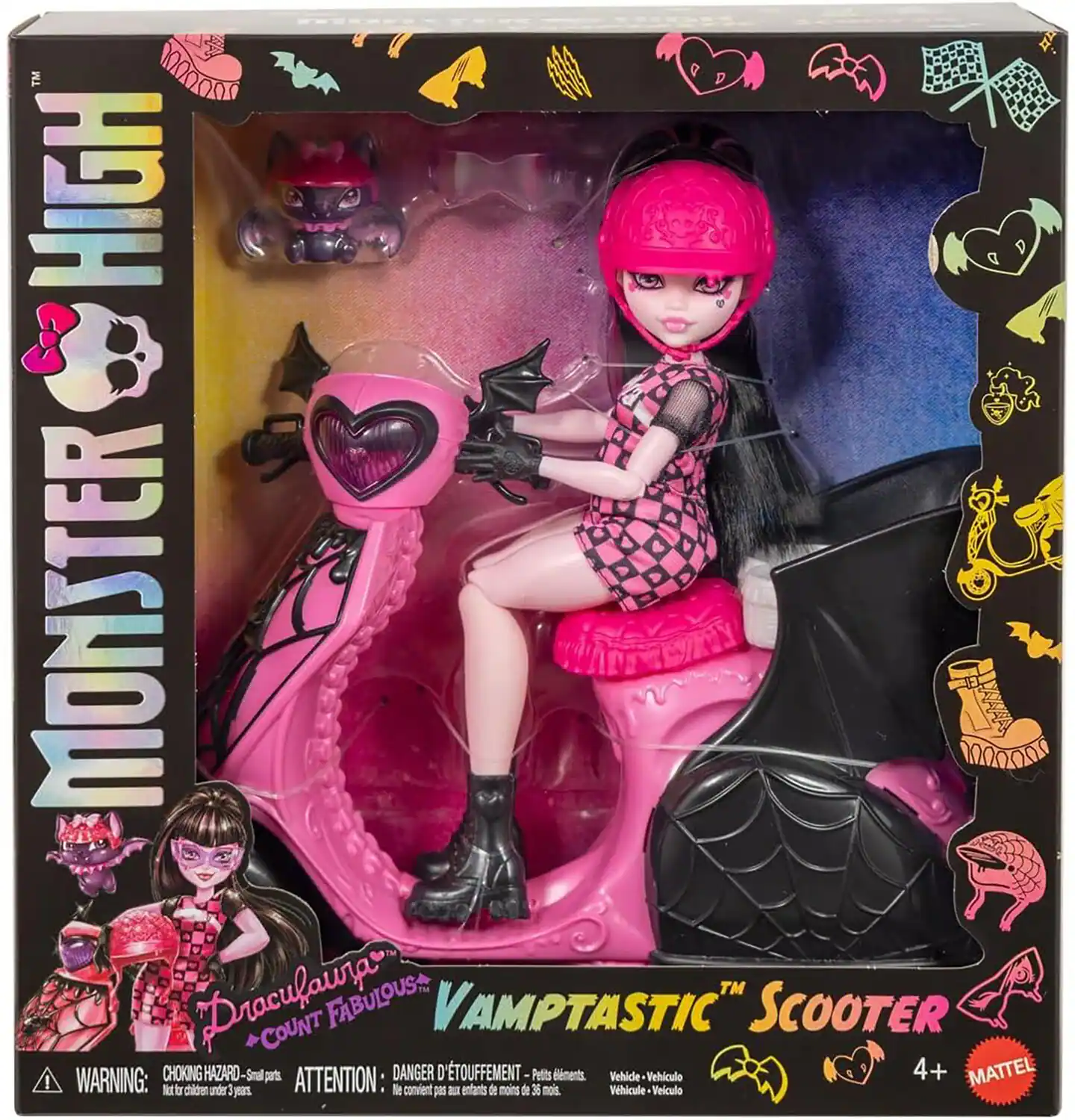 MONSTER HIGH  
Draculaura COUNT FABULOUS VAMPTASTIC SCOOTER  
WARNING: CHOKING HAZARD-Small parts  
ATTENTION: DANGER D'ÉTOUFFEMENT - Petits éléments  
4+  
MATTEL