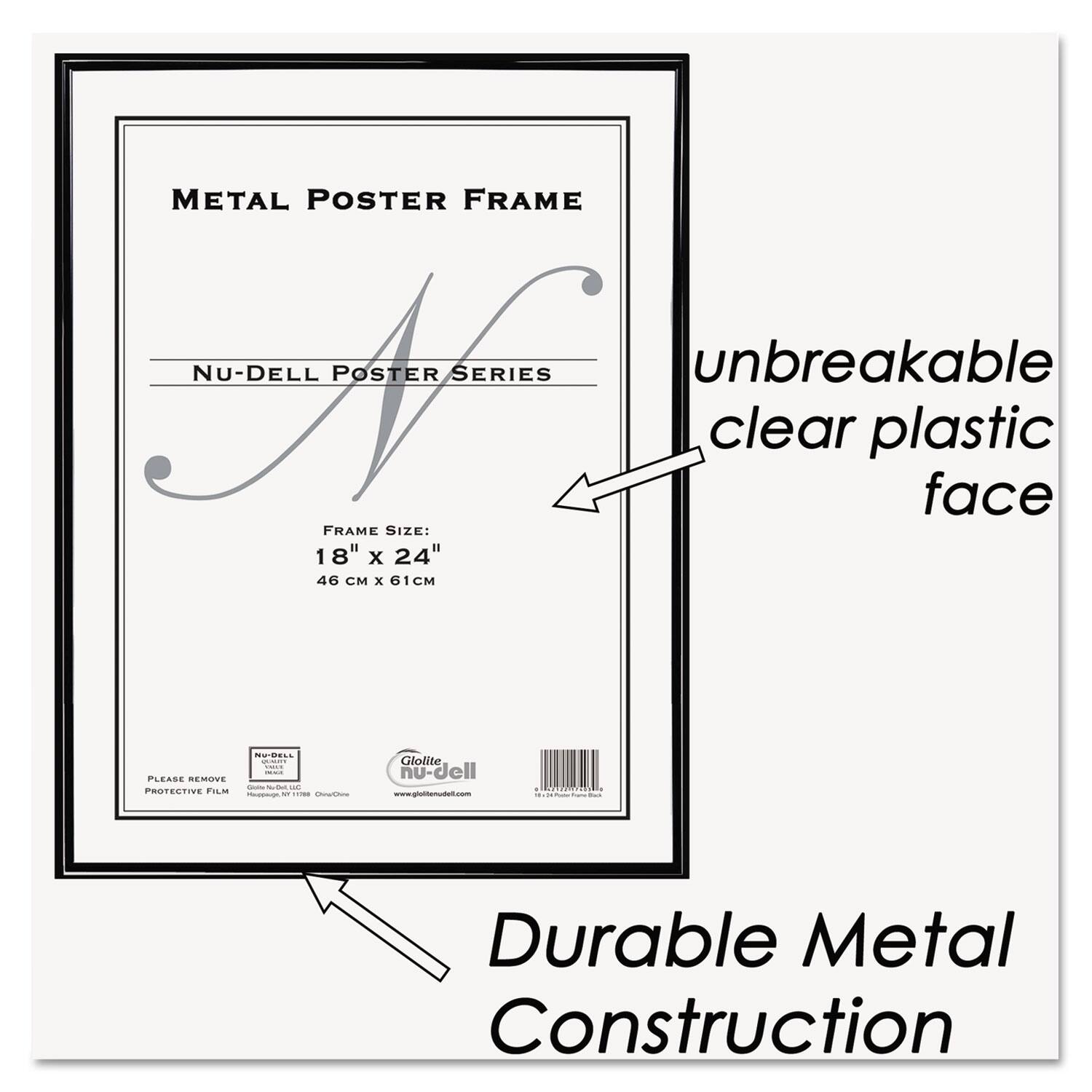 METAL POSTER FRAME  
NU-DELL POSTER SERIES  
unbreakable clear plastic face  
FRAME SIZE: 18" x 24" (46 CM x 61 CM)  
PLEASE REMOVE PROTECTIVE FILM  

Durable Metal Construction  

Glolite nu-dell  
www.grottenydut.com