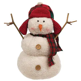 BreeBe - Stuffed Sherpa Snowman w/Red & Green Plaid Hunting Hat & Scarf - White, Red
