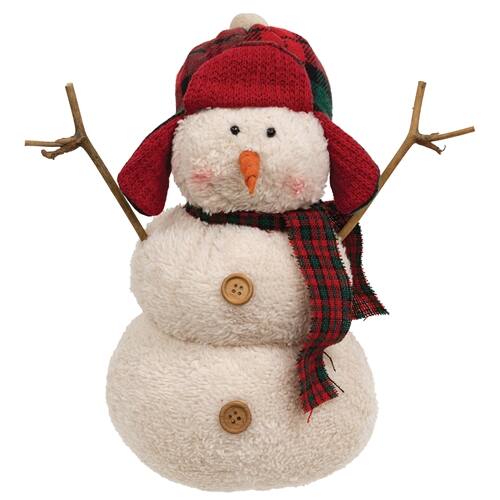 Front. BreeBe - Stuffed Sherpa Snowman w/Red & Green Plaid Hunting Hat & Scarf - White, Red.