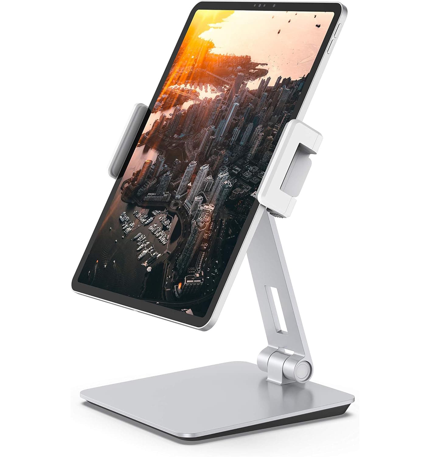 Front. FINEAK - 360° Swivel Aluminum Charging Tablet Stand, Silver - Silver.