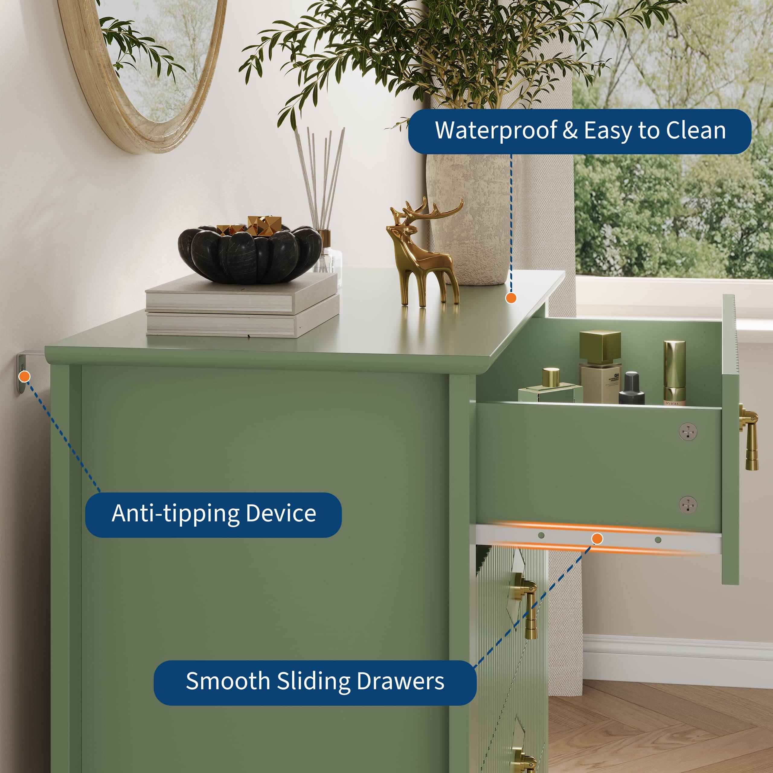 Waterproof & Easy to Clean  
Anti-tipping Device  
Smooth Sliding Drawers