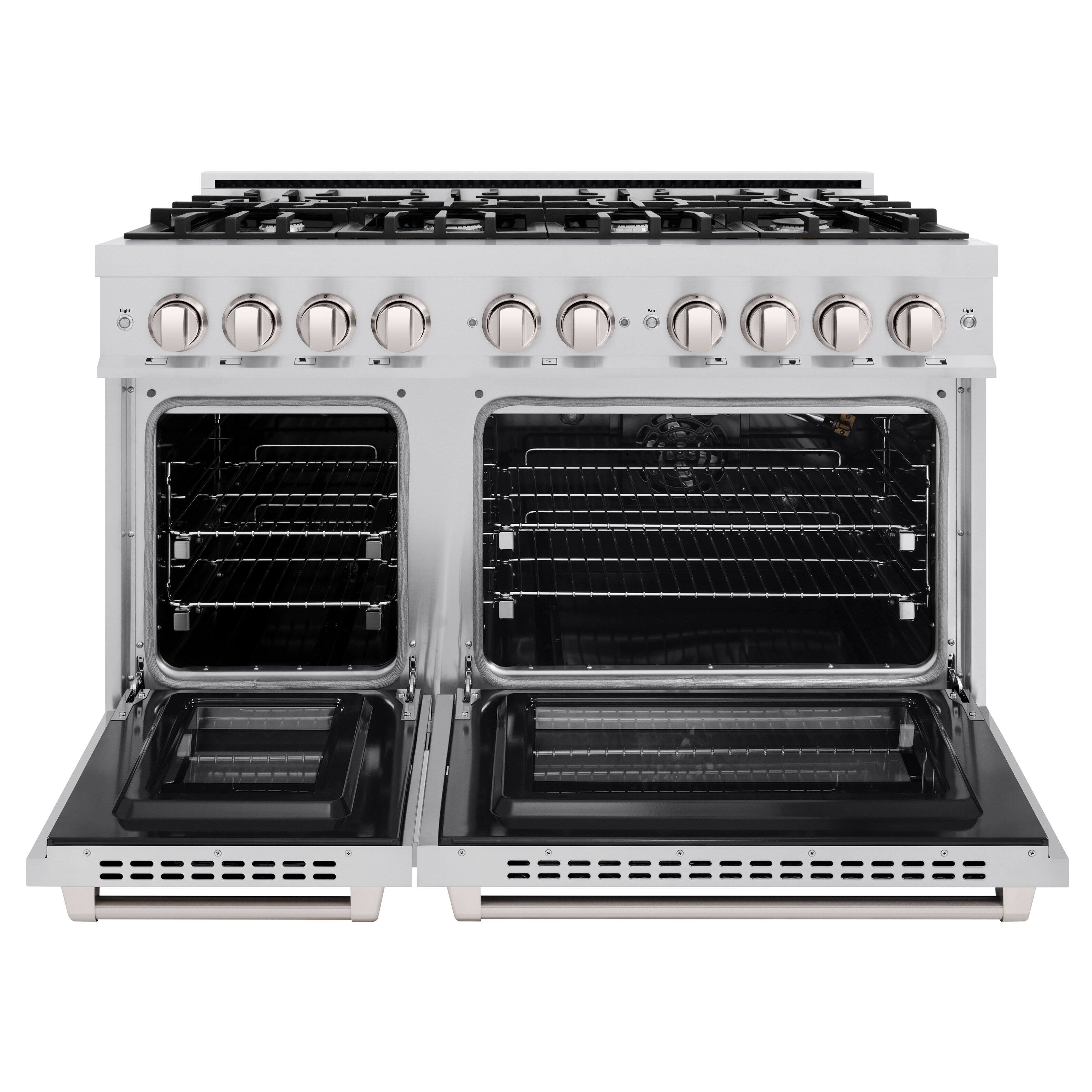 Left. ZLINE - ZLINE 48 in. 6.7 cu. ft. Freestanding Select Double Oven Gas Range w/ 8 Burner Cooktop in Stainless Steel (HGR48) - Stainless Steel.