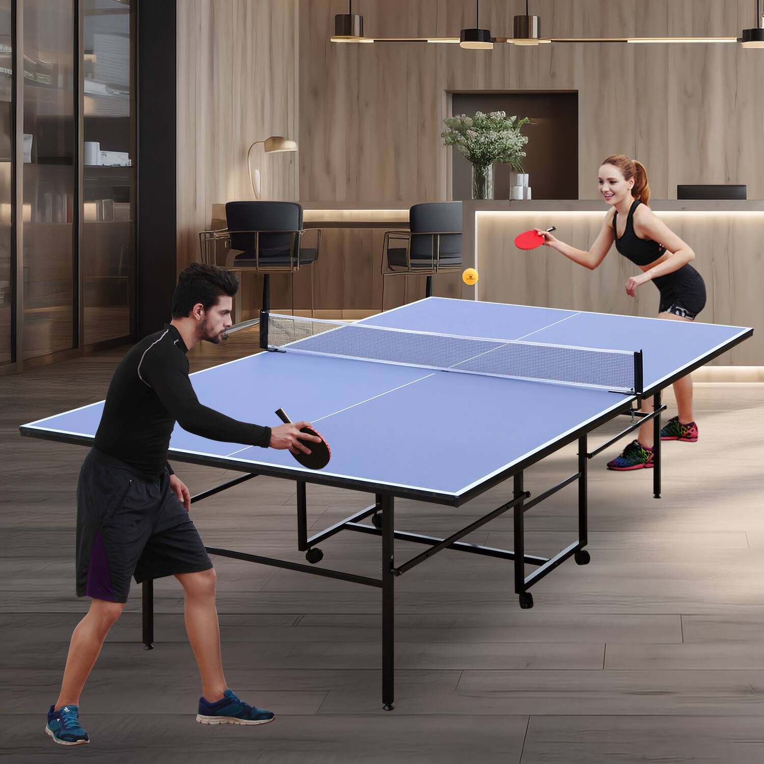 Alt View 1. ELEMENT ACE - 9ft Mid-Size Foldable Table Tennis Table Set for Indoor Games with Net, Paddles & Balls - Blue.