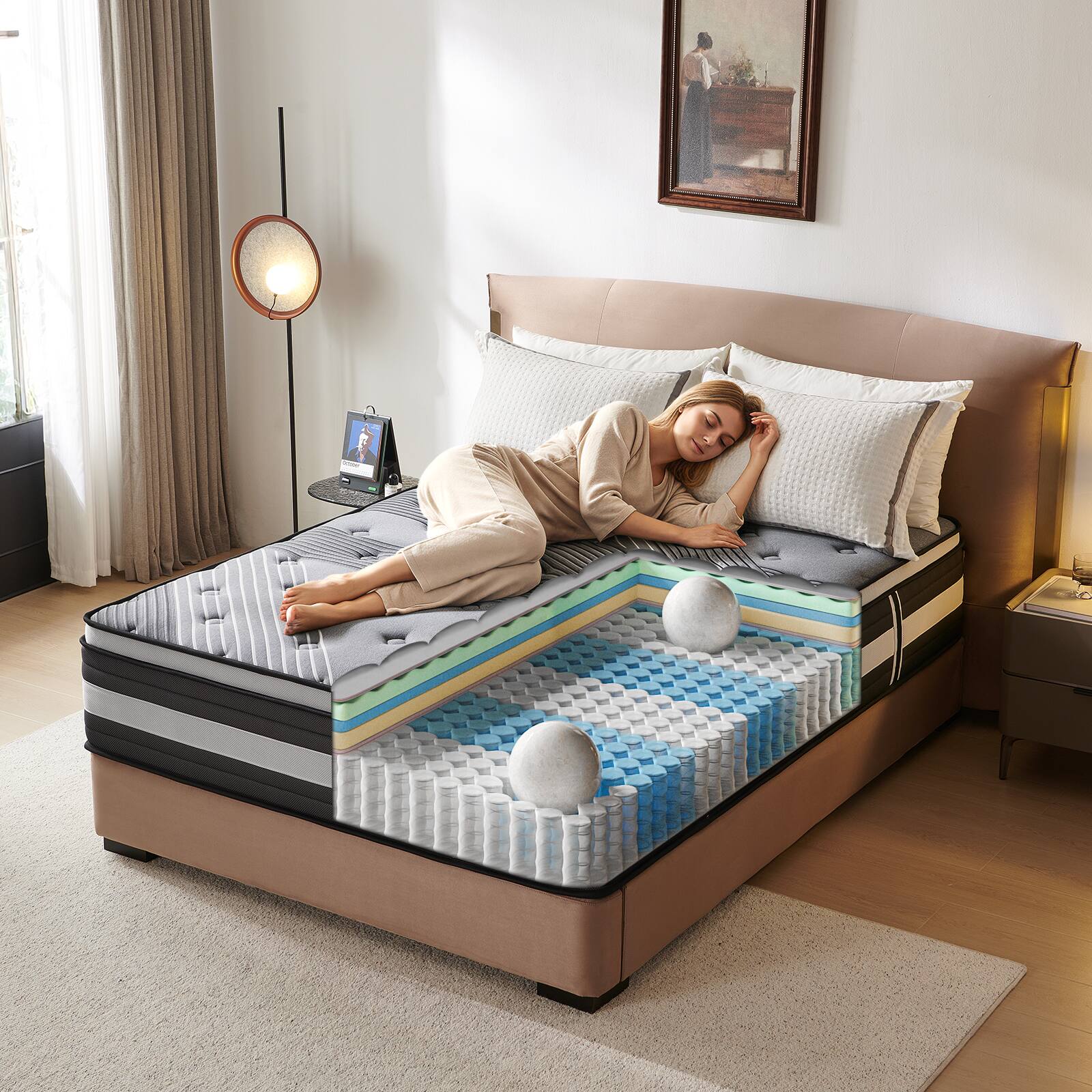 Alt View 1. Quilicore - 12" Hybrid– Medium Firm with 7-Zone Pocketed Coils & Gel Memory Foam, for Spinal Alignment, Motion Isolation - Black.
