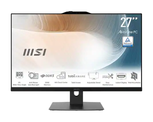 27" All-in-One PC
TÜV Rheinland CERTIFIED
IPS 178° Wide View Angle
Anti-Flicker
Less Blue Light
DDR5 Memory
MSI Cloud Center
Tobii Aware
Adjustable Stand
Easy Instant Display
Wall Mountable
Maintenance
Easy to Upgrade
HDMI