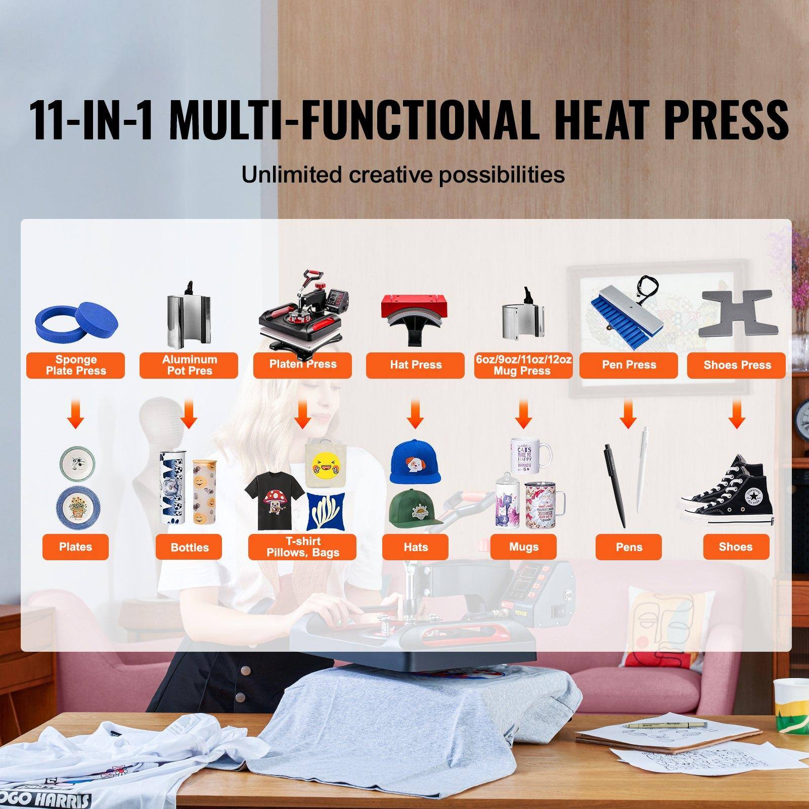 11-IN-1 MULTI-FUNCTIONAL HEAT PRESS  
Unlimited creative possibilities  

- Sponge Plate Press  
- Aluminum Pot Press  
- Platen Press  
- Hat Press  
- 6oz/9oz/11oz/12oz Mug Press  
- Pen Press  
- Shoes Press  

- Plates  
- Bottles  
- T-shirt Pillows, Bags  
- Hats  
- Mugs  
- Pens  
- Shoes  

OGO HARRIS