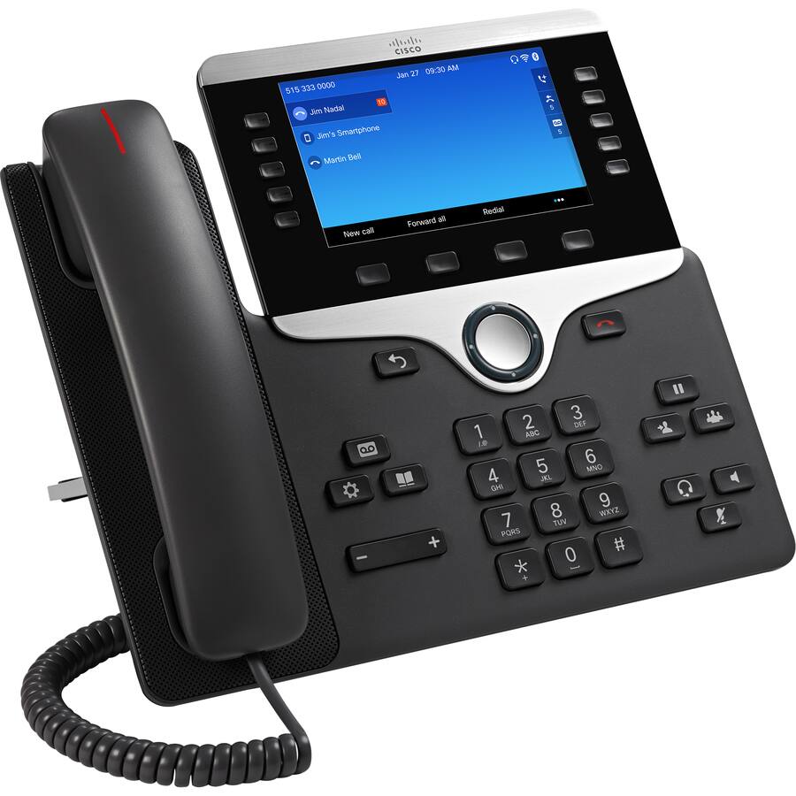 CISCO  
09:30 AM Jan 27  
515 333 0000  
15 mil Nadal Jim's Smartphone  
S 1 Mamin Bell  
New call Forward all Redial  
- + 3 2 DEF 1 ABC IN 6 5 MNO 4 JEL GH 9 8 WKYZ 7 TUV PORS # 0 + I