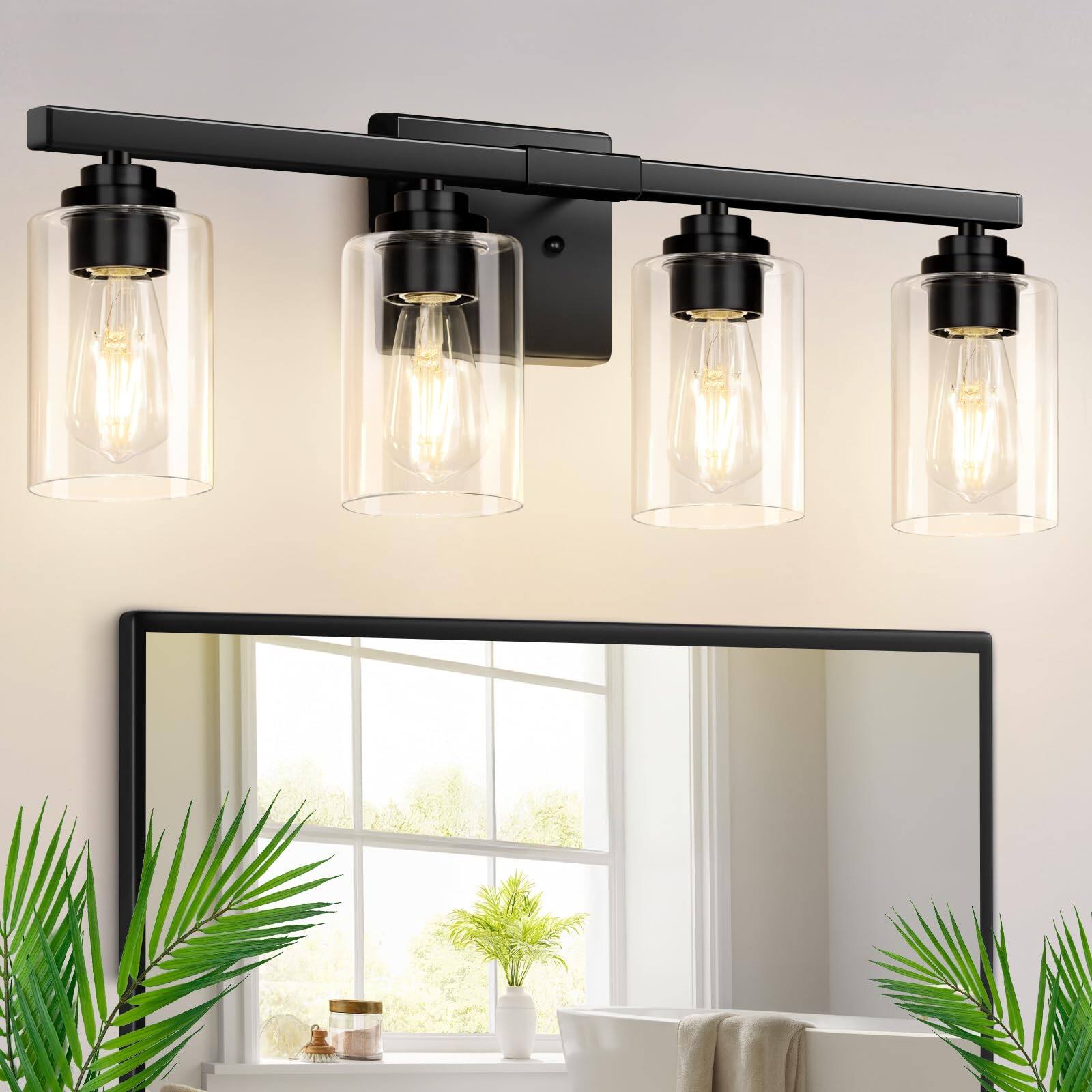 Front. Dazzling Pops - Bathroom Light Fixtures Modern Vanity Lights Over Mirror With Clear Glass Shades Matte Fixture Classic Wall - Black 4-Light.