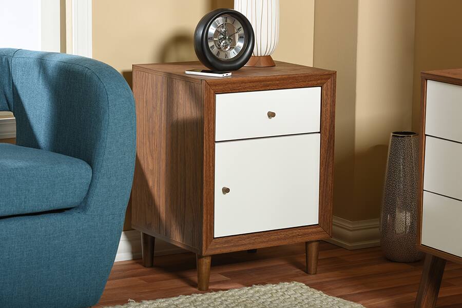 Back. Baxton Studio - Harlow Mid-century Modern Scandinavian Style Wood 1-drawer and 1-door Nightstand - "Walnut" Brown/White.