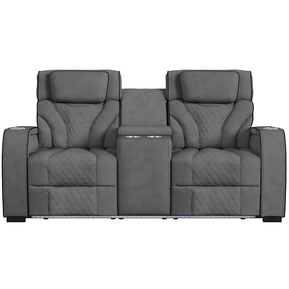 Angle. Elements - Blitz Motion Loveseat with Console & LED - Simba Slate & Black Welt.