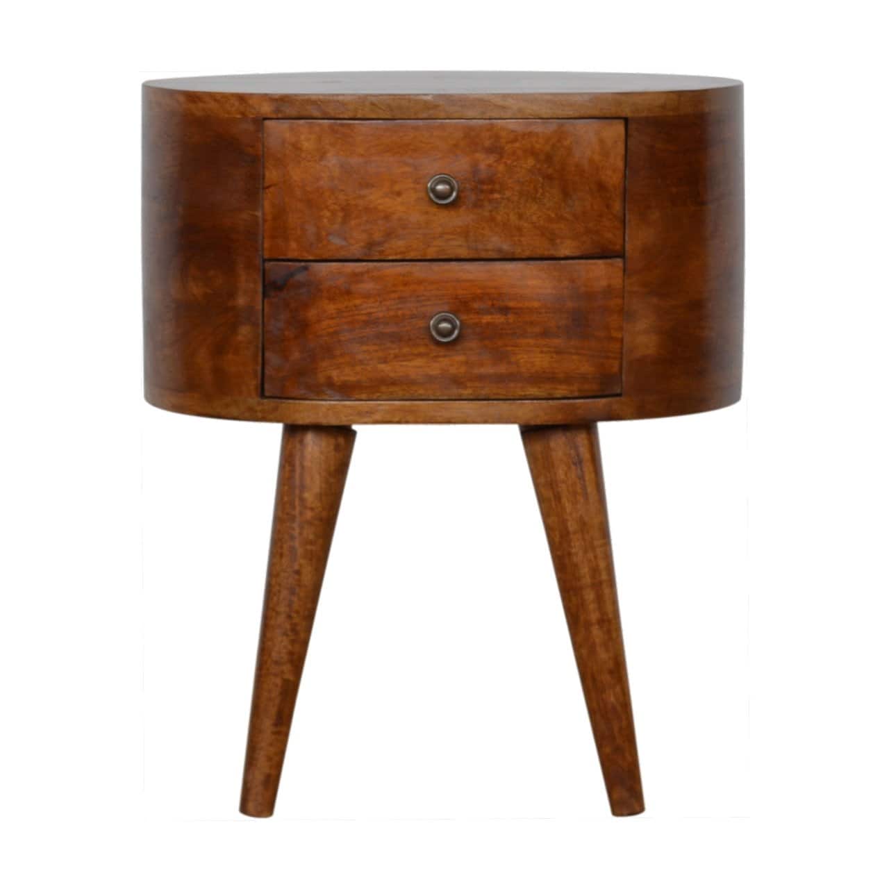 Artisan Furniture - Solid Wood Rounded Nightstand Table, 2 Drawers, Nordic Legs, Dark Brown - Chestnut