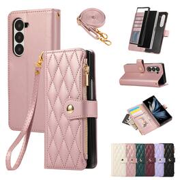 Dteck - Shockproof Wallet Case for Samsung Galaxy Z Fold7 with Crossbody Strap, Zipper Pocket PU Leather TPU Folio Stand Cover - Rosegold