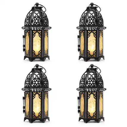 Front. IMAGE - 4 PCS Metal Candle Holder Lantern Set - Black.