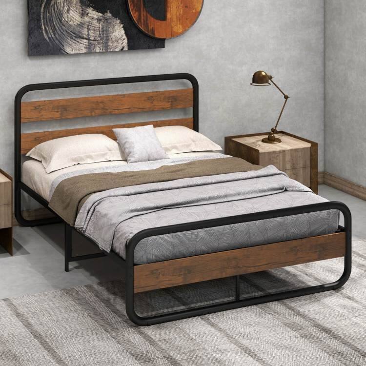 Left. Hivvago - Hivvago Queen Industrial Wood and Metal Tube Platform Bed with Headboard and Footboard - Brown.