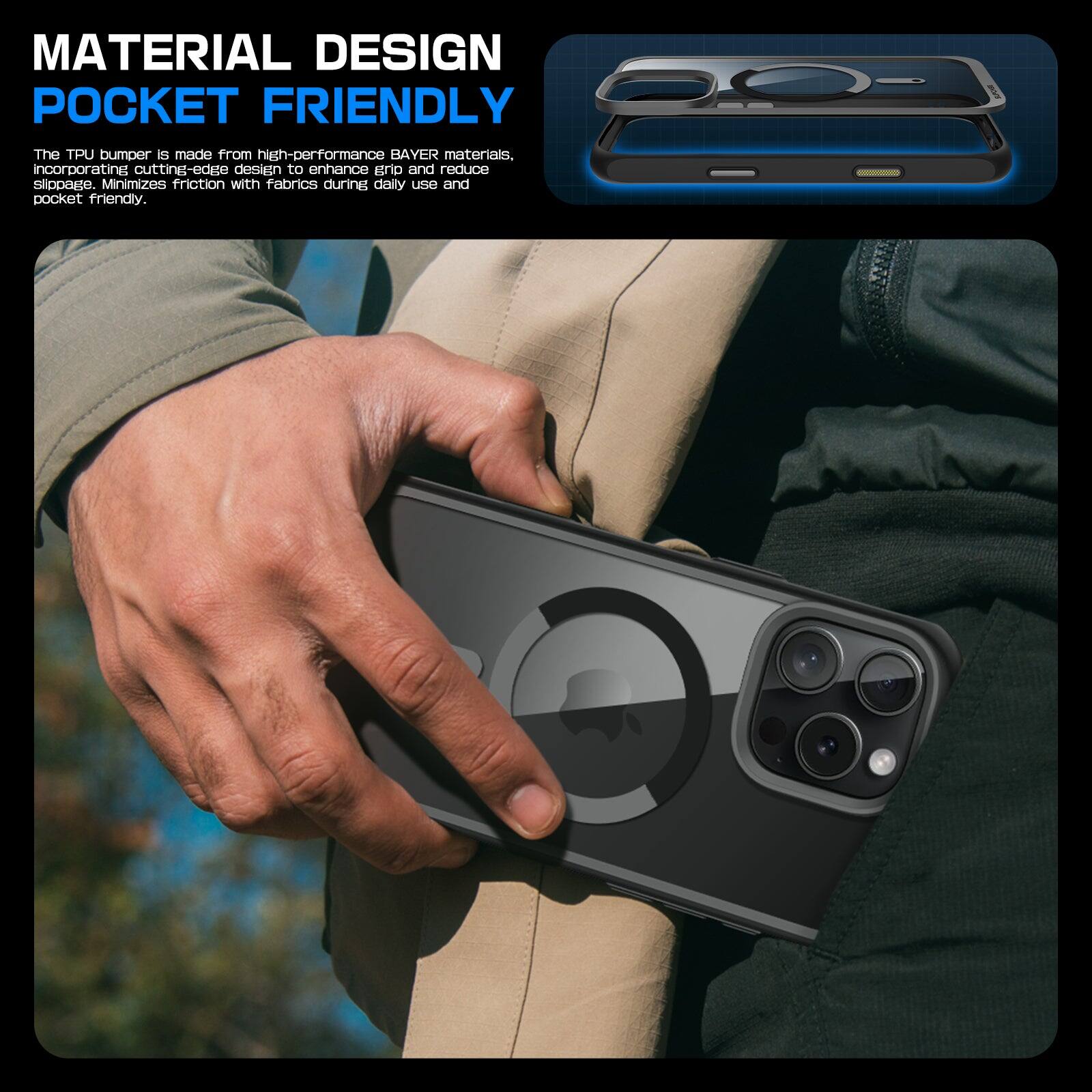 **Material Design: Pocket Friendly**

The TPU bumper is made from high-performance BAYER materials, incorporating cut-and-edge design to enhance grip and reduce slippage. It minimizes friction with fabrics during daily use and is pocket-friendly.