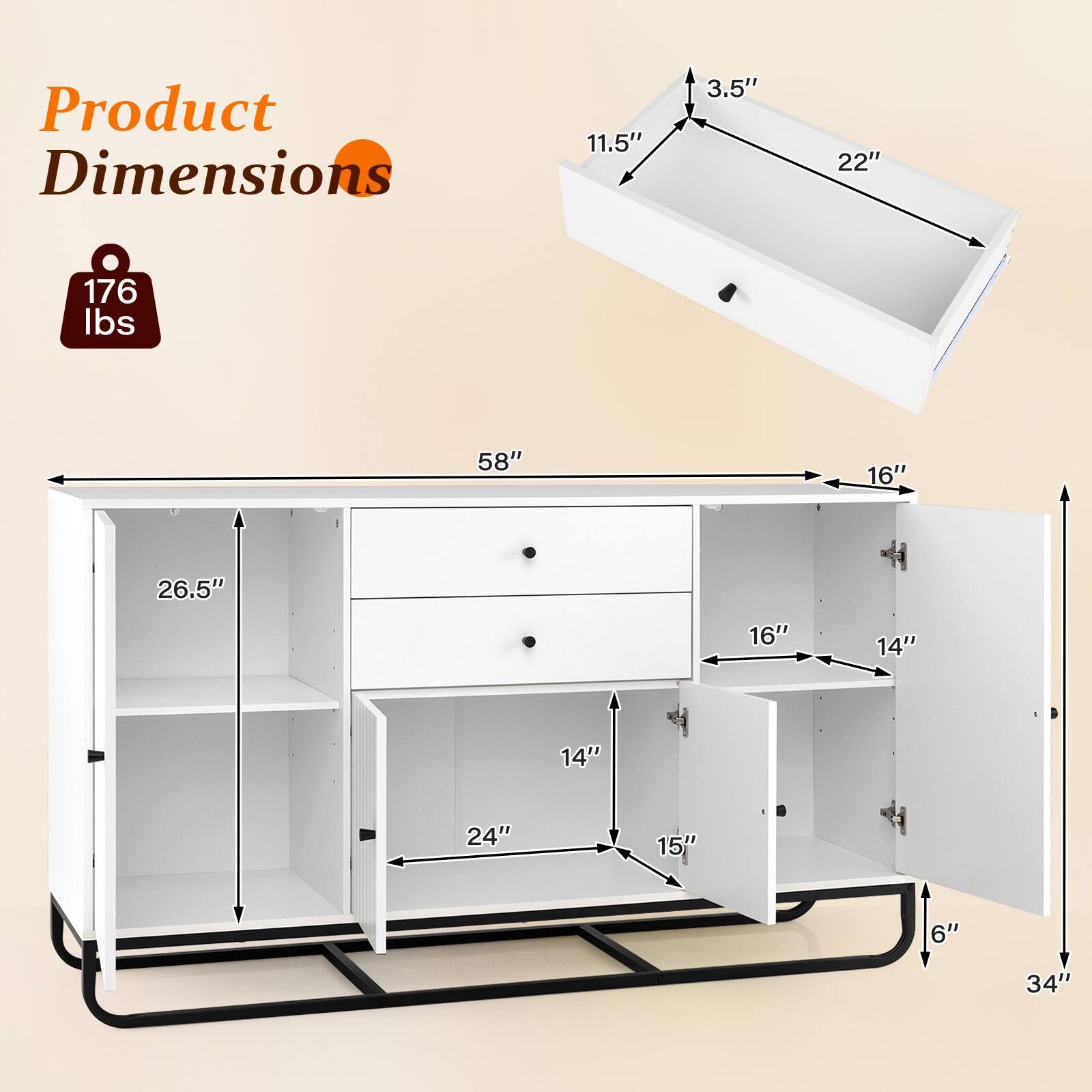 Product Dimensions
11.5"
3.5"
22"
176 lbs
58"
16"
26.5"
16"
14"
14"
24"
15"
6"
34"