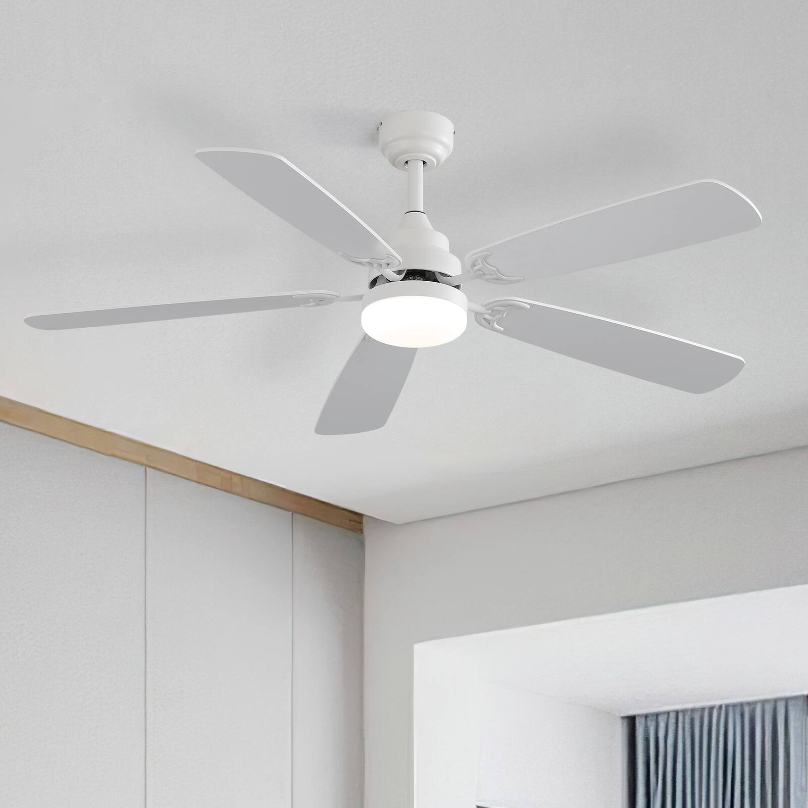 Alt View 6. Sofucor - 52'' Modern Ceiling Fan with Light, Downrod & Flush Mount, Quiet DC Motor, Dual Finish 5 Blades for Bedroom Living Room - White.