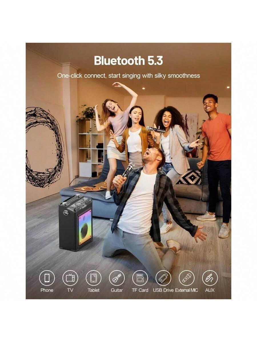 Bluetooth 5.3  
One-click connect, start singing with silky smoothness  

Phone  
TV  
Tablet  
Guitar  
TF Card  
USB Drive External MIC  
AUX