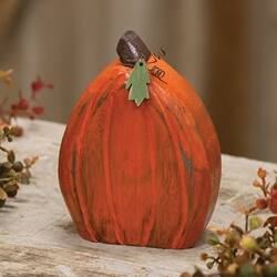 Angle. BreeBe - Carved Wooden Primitive Pumpkin Sitter 5"H - Orange.