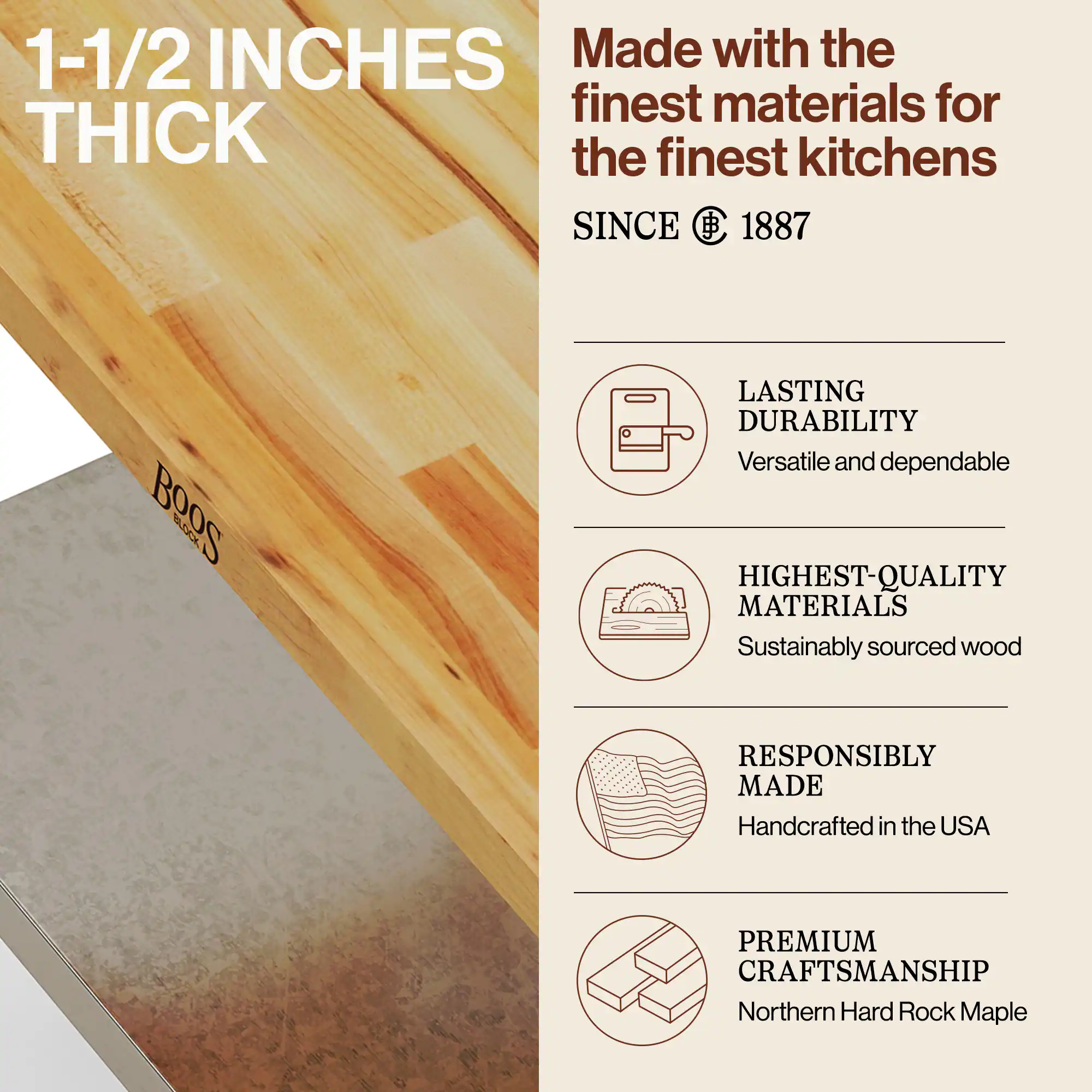 1-1/2 INCHES THICK

Made with the finest materials for the finest kitchens SINCE 1887

LASTING DURABILITY
Versatile and dependable

HIGHEST-QUALITY MATERIALS
Sustainably sourced wood

RESPONSIBLY MADE
Handcrafted in the USA

PREMIUM CRAFTSMANSHIP
Northern Hard Rock Maple