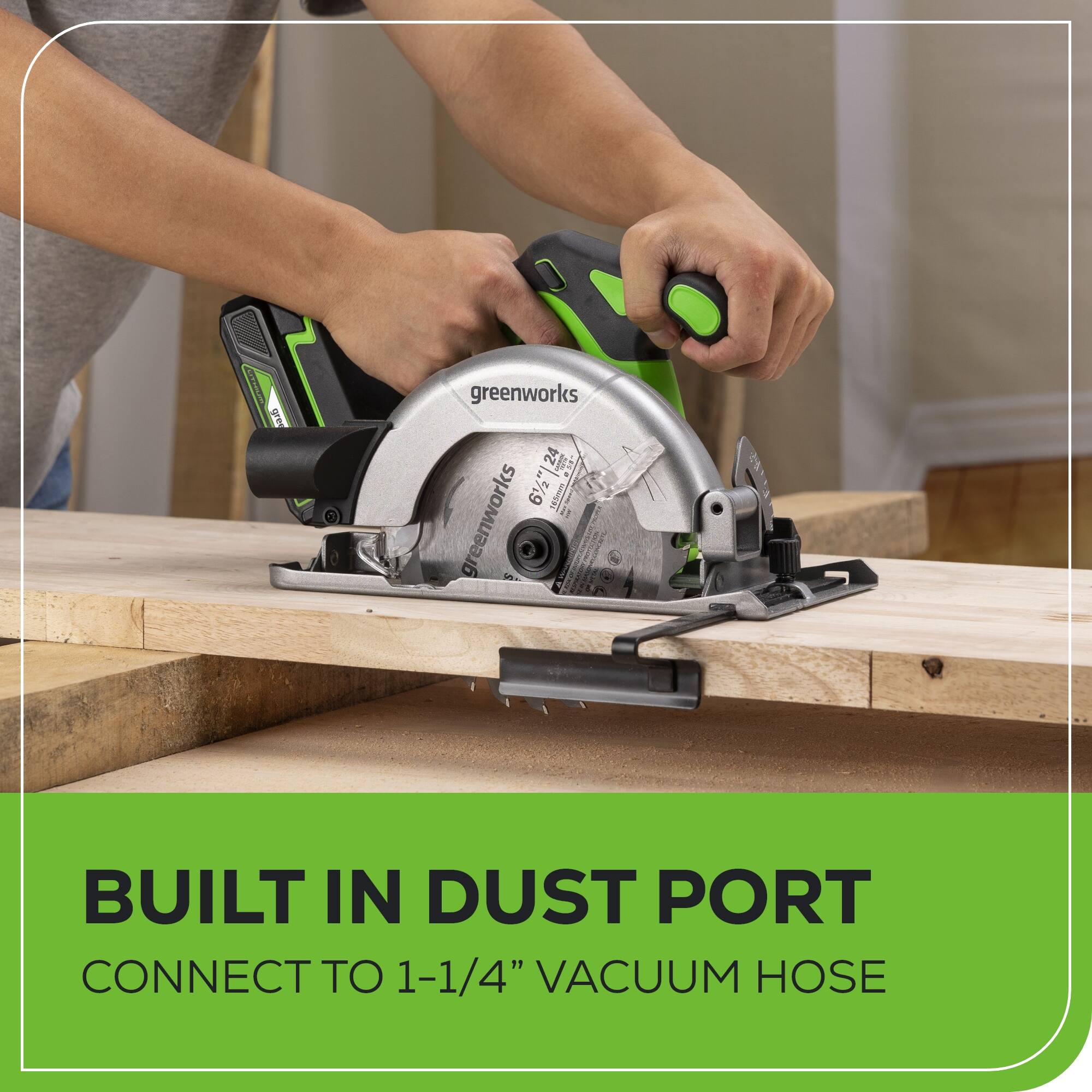 1 greenworks 24 6% | 24 A 61" in hior greenworks: r e2 BUILT IN DUST PORT CONNECT TO 1-1/4" VACUUM HOSE