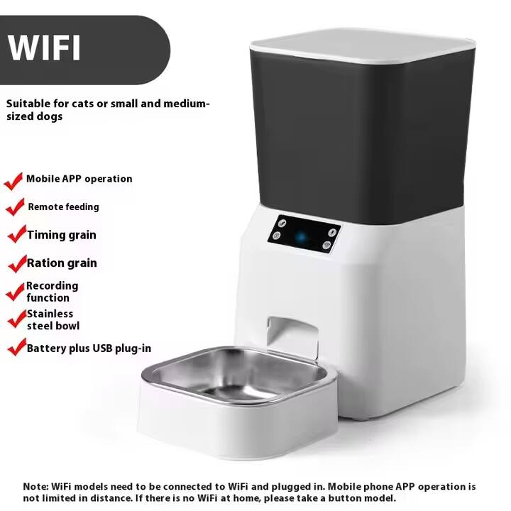 WIFI

Suitable for cats or small and medium-sized dogs

- Mobile APP operation
- Remote feeding
- Timing grain
- Ration grain
- Recording function
- Stainless steel bowl
- Battery plus USB plug-in

Note: WiFi models need to be connected to WiFi and plugged in. Mobile phone APP operation is not limited in distance. If there is no WiFi at home, please take a button model.
