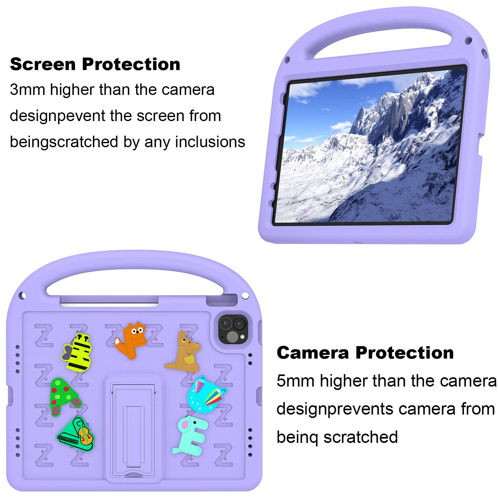 Screen Protection  
3mm higher than the camera design prevents the screen from being scratched by any inclusions

Camera Protection  
5mm higher than the camera design prevents the camera from being scratched