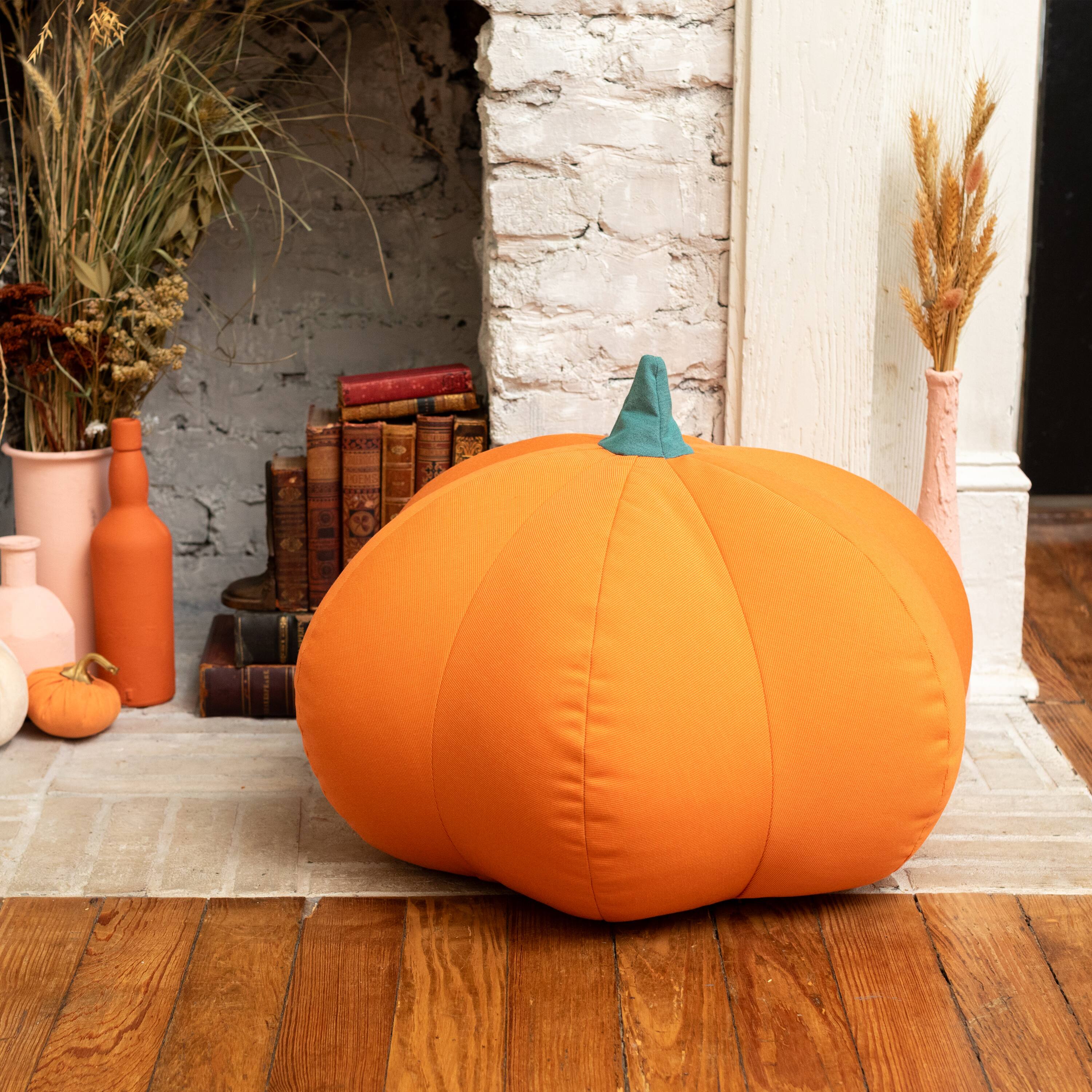Back. Jaxx - Jaxx Pumpkin Pouf - Luxurious Ottoman for Fall & Halloween Décor - Indoor/Outdoor Sunbrella Tangerine - Sunbrella Breeze.