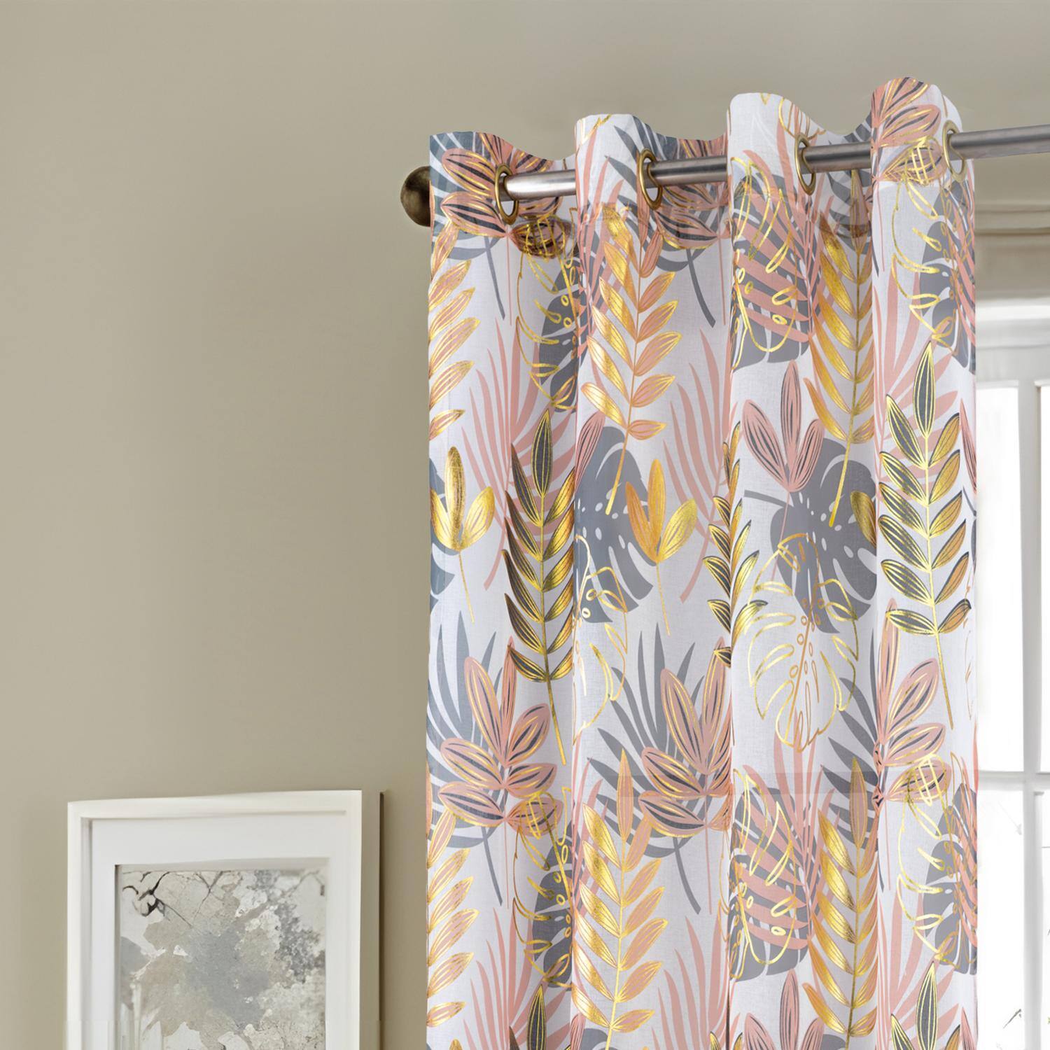 Left. RT Designers Collection - RT Designer Collection Fern Foil Printed Doily Luxurious Decorative Grommet Curtain Panel 54" x 90" Peach - Peach.
