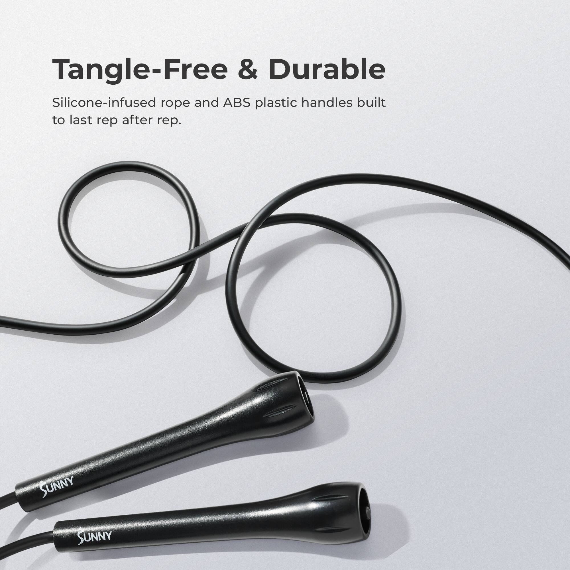 Tangle-Free & Durable

Silicone-infused rope and ABS plastic handles built to last rep after rep.