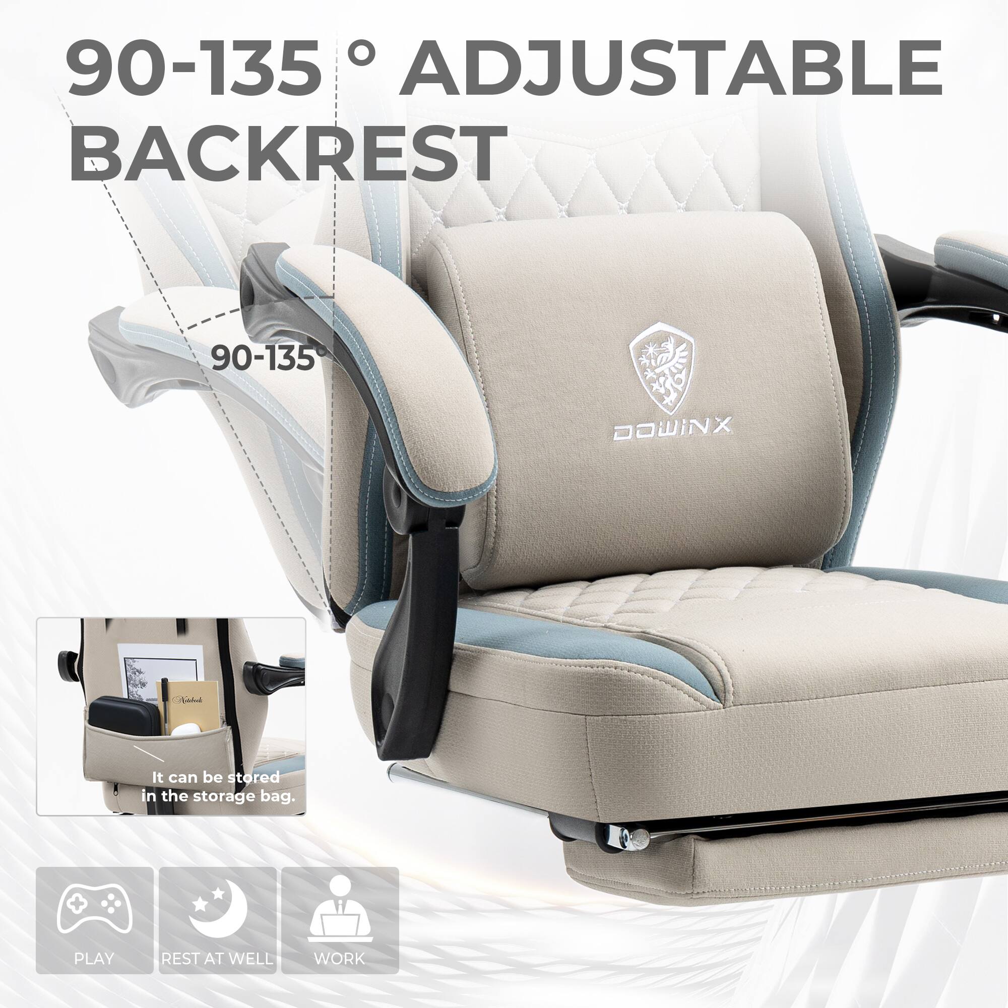 90-135° Adjustable Backrest

It can be stored in the storage bag.

Play Rest at Well Work