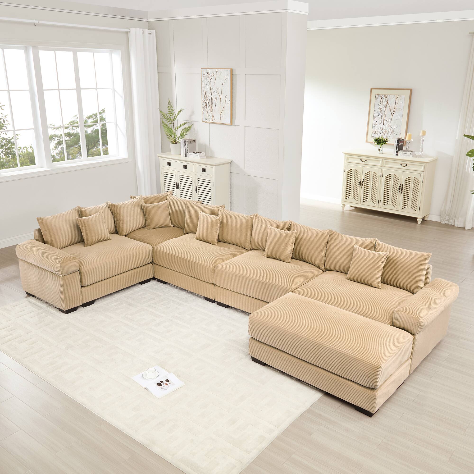 Front. LOVMOR - Corduroy Sectional Couch Modular Storage Ottoman Compressed Pack For Living Room Study Den Soft Textured TV XL - Camel.
